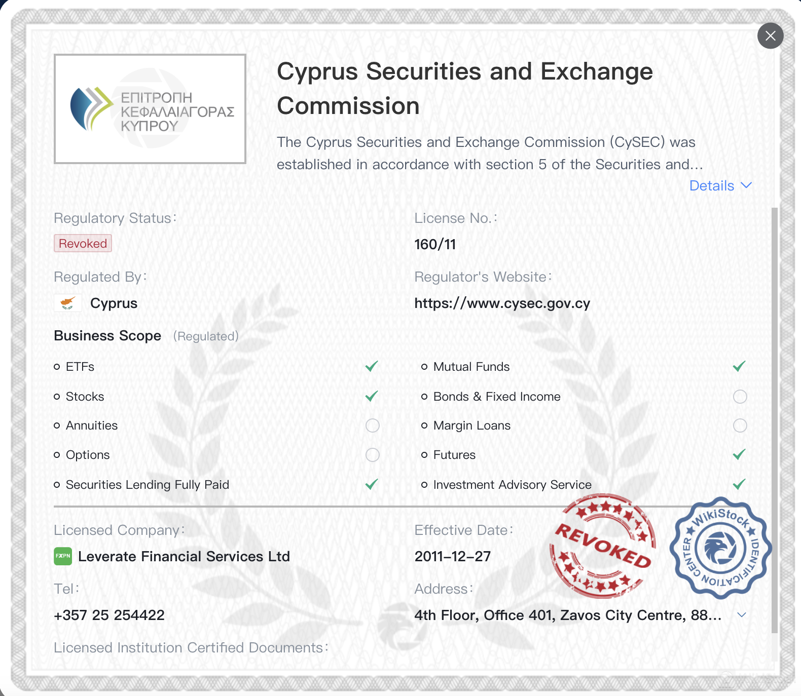Revoked CySEC license