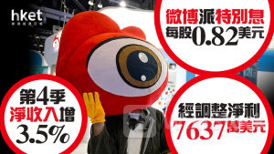中概股｜微博派特別息每股0.82美元 第4季淨收入增3.5%、經調整淨利7637萬美元 績後升逾1%