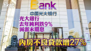 內銀減派息｜光大銀行去年純利跌9%、減派末期息 績後插12% 內房不良貸款增27%