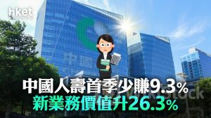 內險股業績｜中國人壽首季少賺9.3% 新業務價值升26.3% 業績後升0.8%