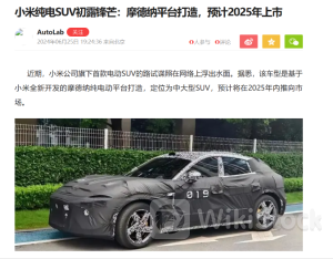3年3款车？小米汽车被曝大消息！纯电SUV谍照已现2024年07月09日 19:28来源：证券时报·e公司 小中大东方财富APP方便，快捷 手机查看财经快讯专业，丰富一手掌握市场脉搏手机上阅读文章提示： 微信扫一扫分享到您的朋友圈