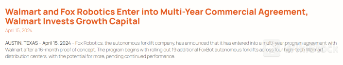 沃尔玛拟加码仓储自动化 据称将斥资2亿投向“Robo叉车”2024年07月30日 04:49来源：财联社 小中大东方财富APP方便，快捷 手机查看财经快讯专业，丰富一手掌握市场脉搏手机上阅读文章提示： 微信扫一扫分享到您的朋友圈