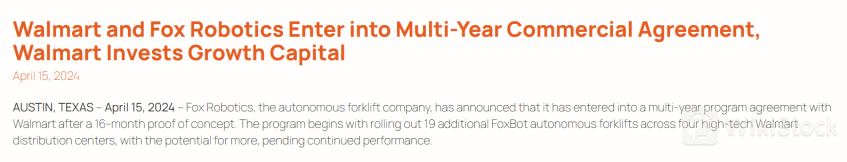 沃尔玛拟加码仓储自动化 据称将斥资2亿投向“Robo叉车”2024年07月30日 04:49来源：财联社 小中大东方财富APP方便，快捷 手机查看财经快讯专业，丰富一手掌握市场脉搏手机上阅读文章提示： 微信扫一扫分享到您的朋友圈